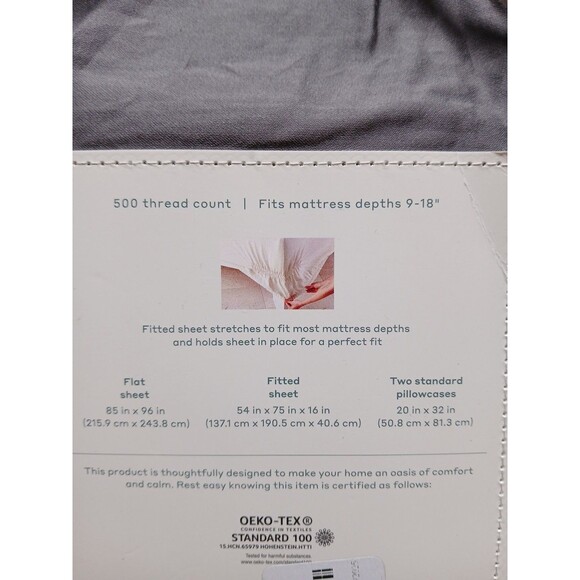 Casaluna Supima Sateen Solid Sheet Set 500 Thread Count Dark Gray Full Sized - Picture 3 of 6